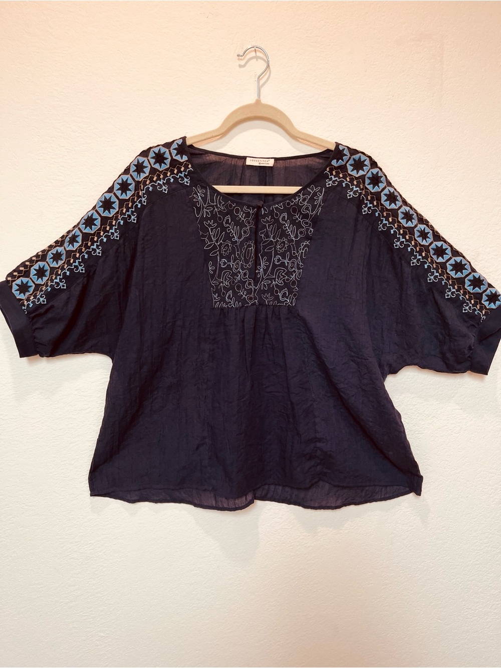 lovestitch Navy Tunic Top with Sky Blue Embroidered Shoulders